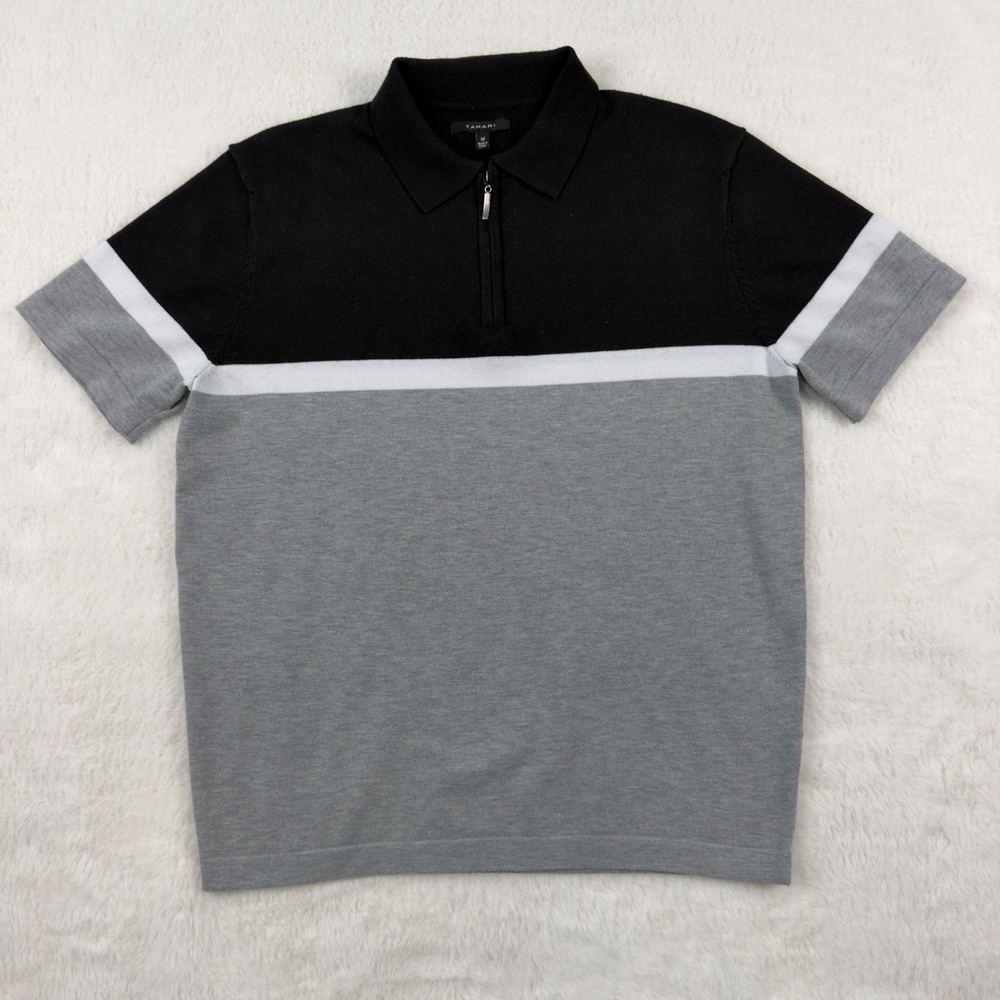 Tahari Mens Short Sleeve Quarter Zip Knit Polo Shirt Black Grey Colorblock M